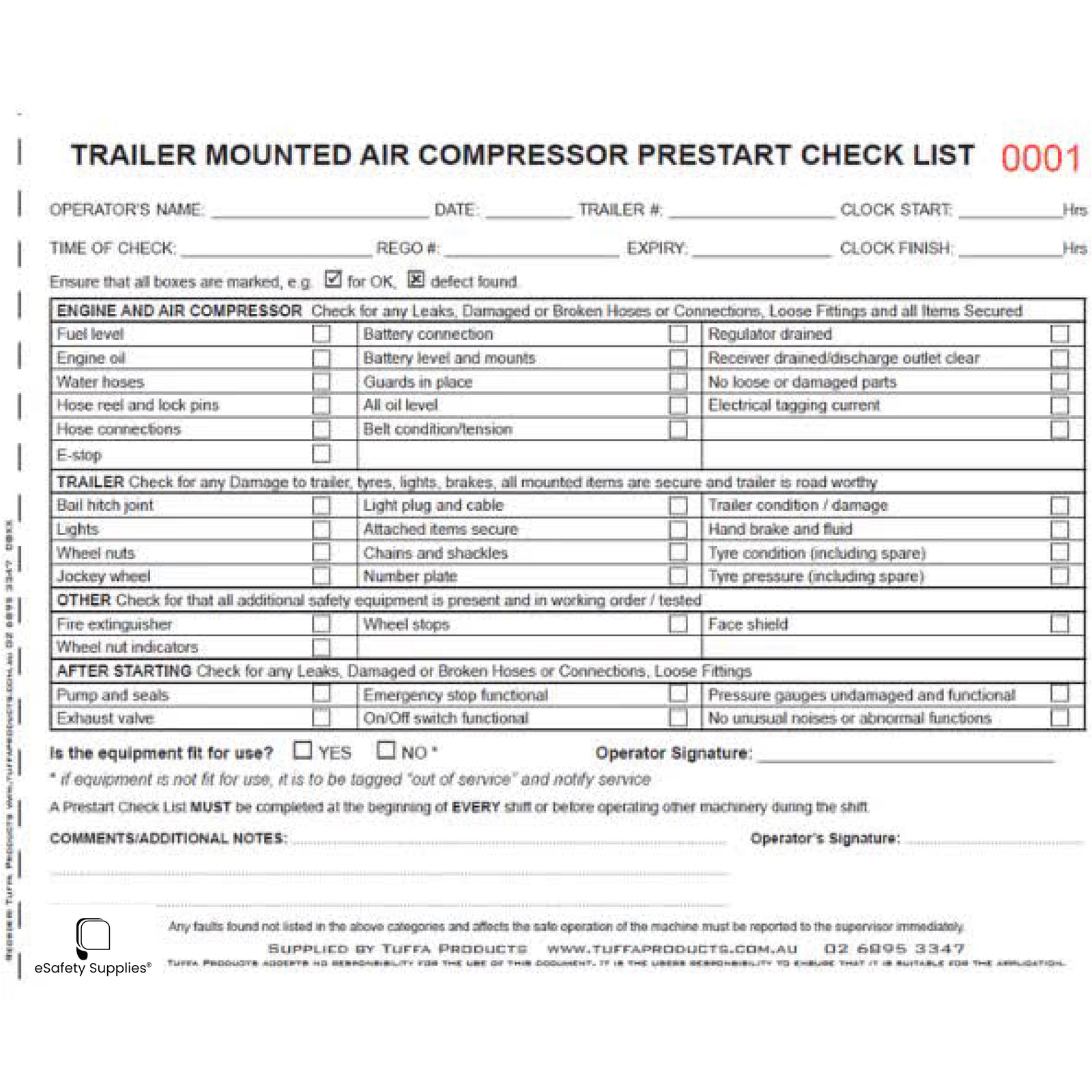 Trailer Mounted Air Compressor Prestart Books