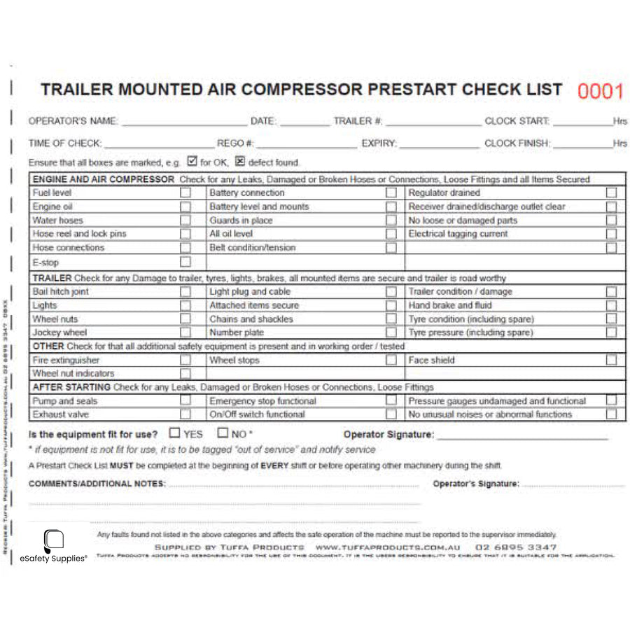 Trailer Mounted Air Compressor Prestart Books