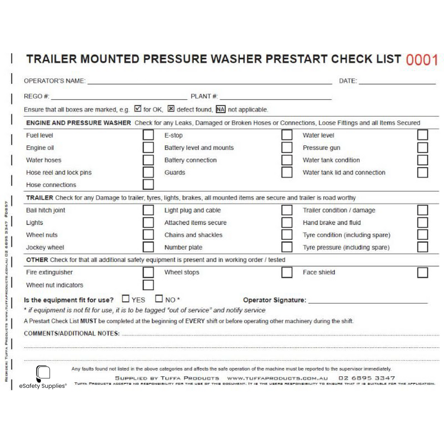 Trailer Mounted Pressure Washer Prestart Books
