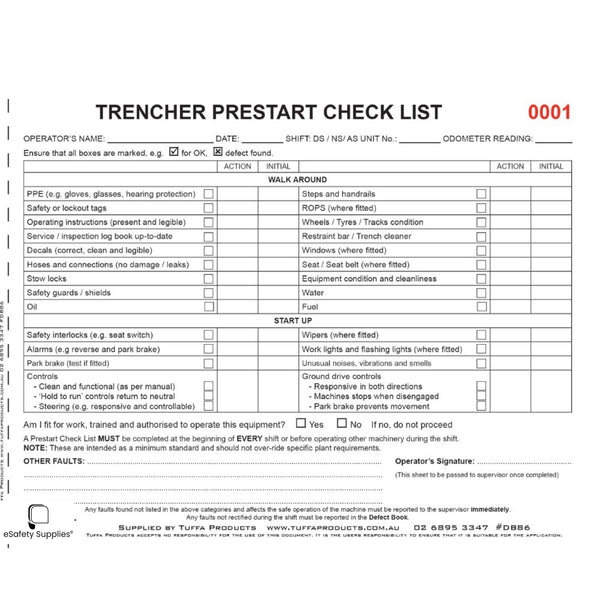 Trencher Prestart Checklist Books