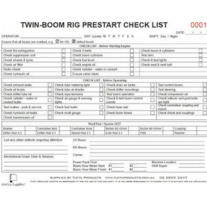 Twin Boom Drill Rig Prestart Checklist Books - Prestart & Safety Logbooks