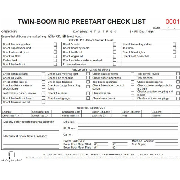 Twin Boom Drill Rig Prestart Checklist Books