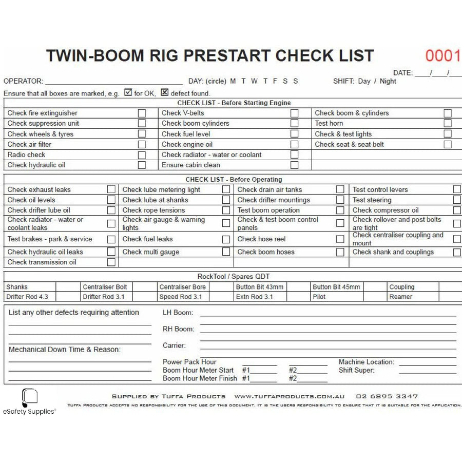 Twin Boom Drill Rig Prestart Checklist Books