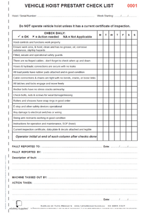 Vehicle Hoist Prestart Checklist Books - Prestart & Safety Logbooks
