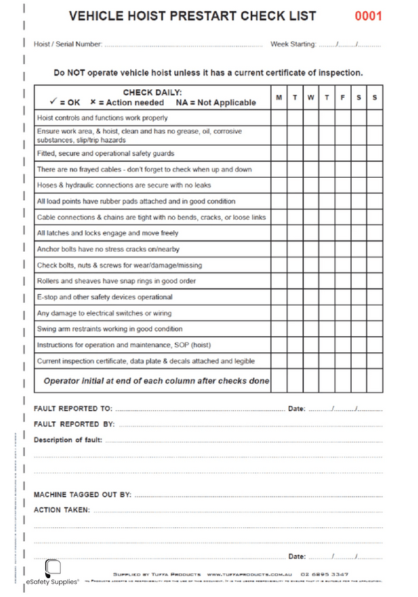 Vehicle Hoist Prestart Checklist Books