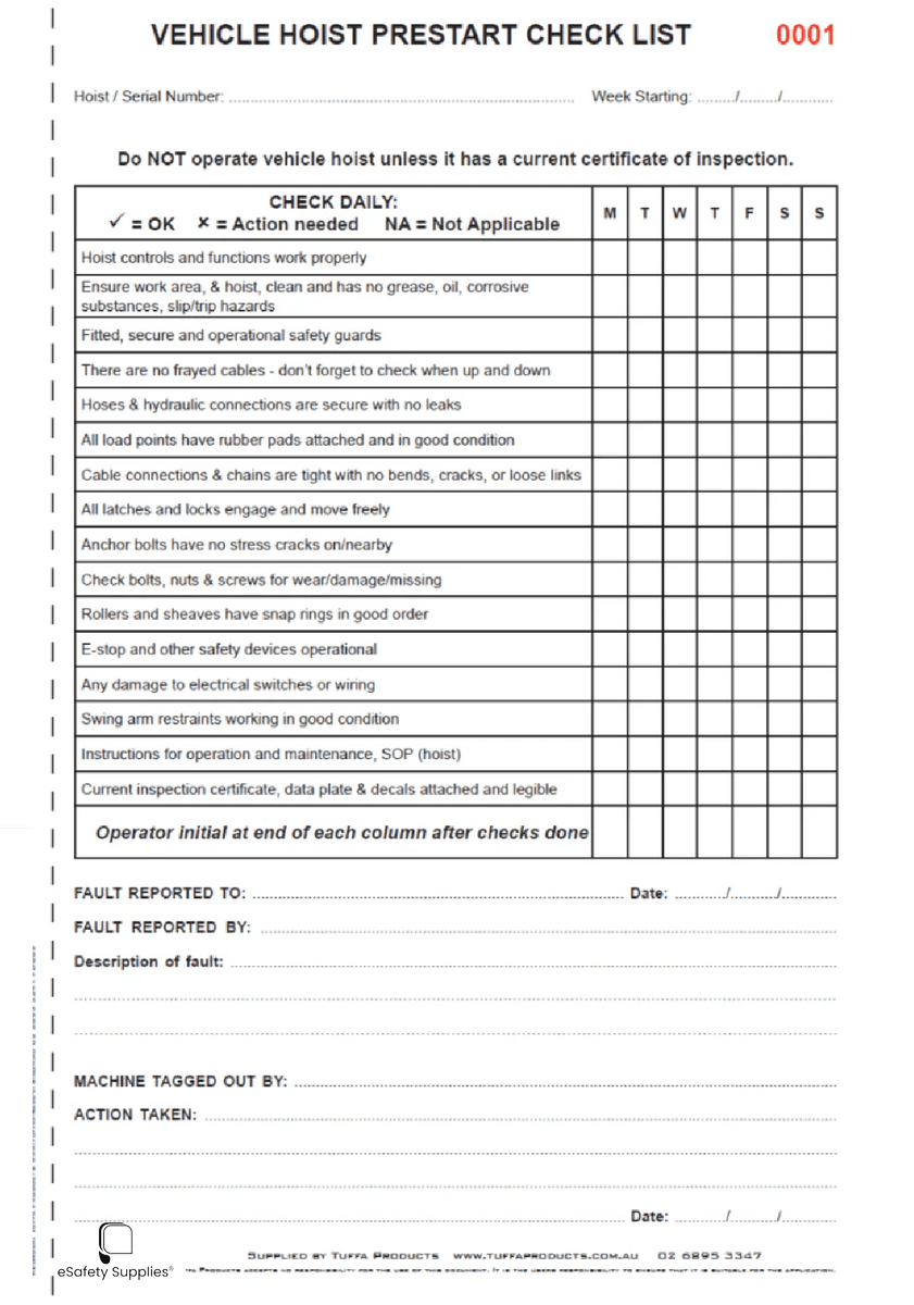 Vehicle Hoist Prestart Checklist Books
