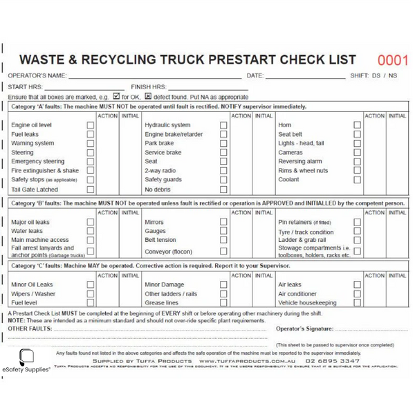 Waste & Recycling Truck Prestart Checklist Books