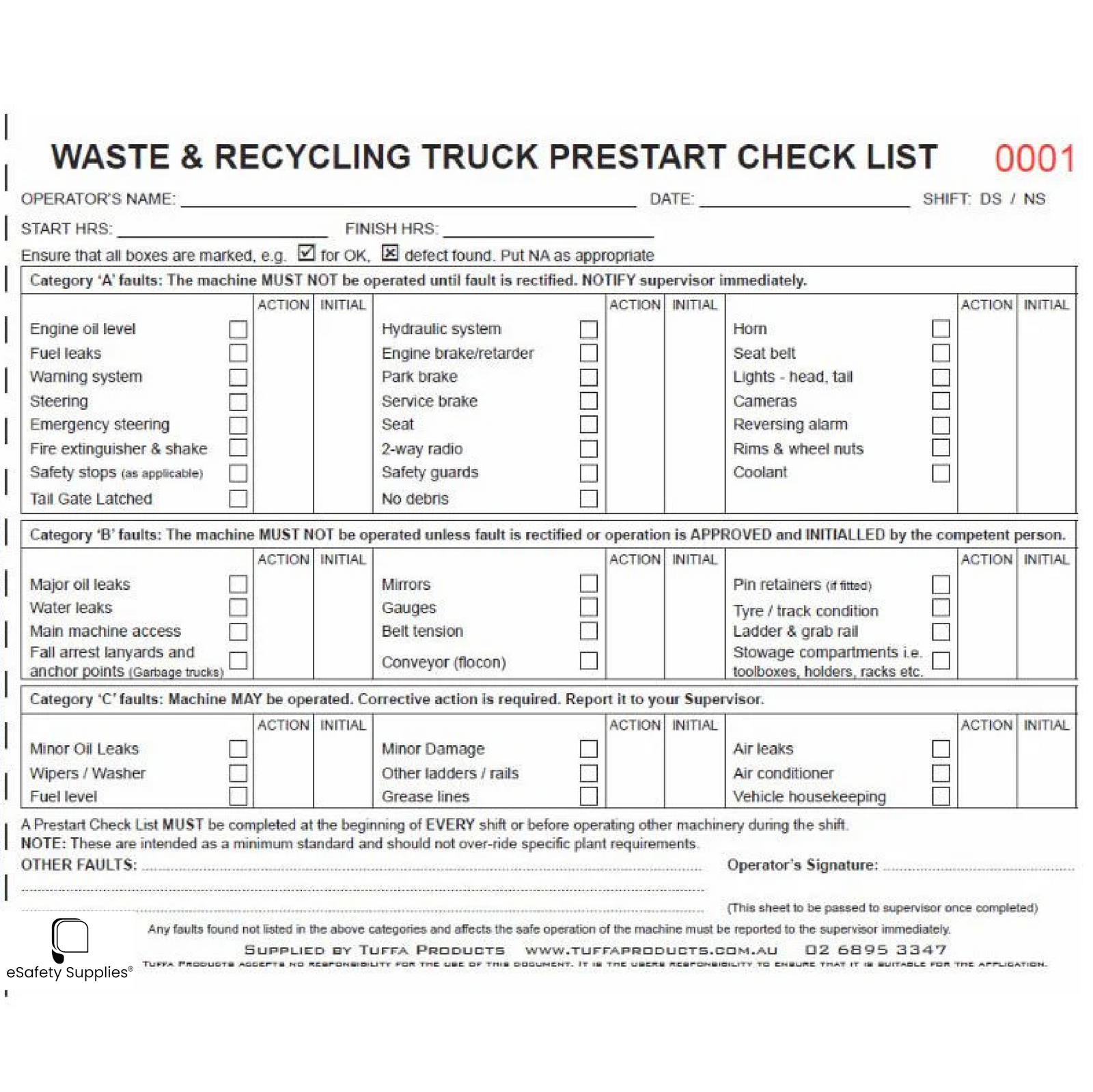 Waste & Recycling Truck Prestart Checklist Books