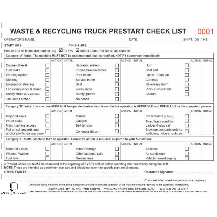 Waste & Recycling Truck Prestart Checklist Books
