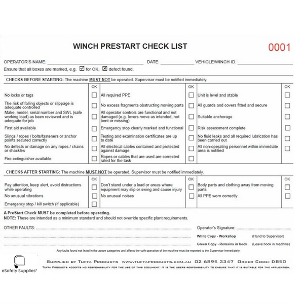 Winch Prestart Checklist Books