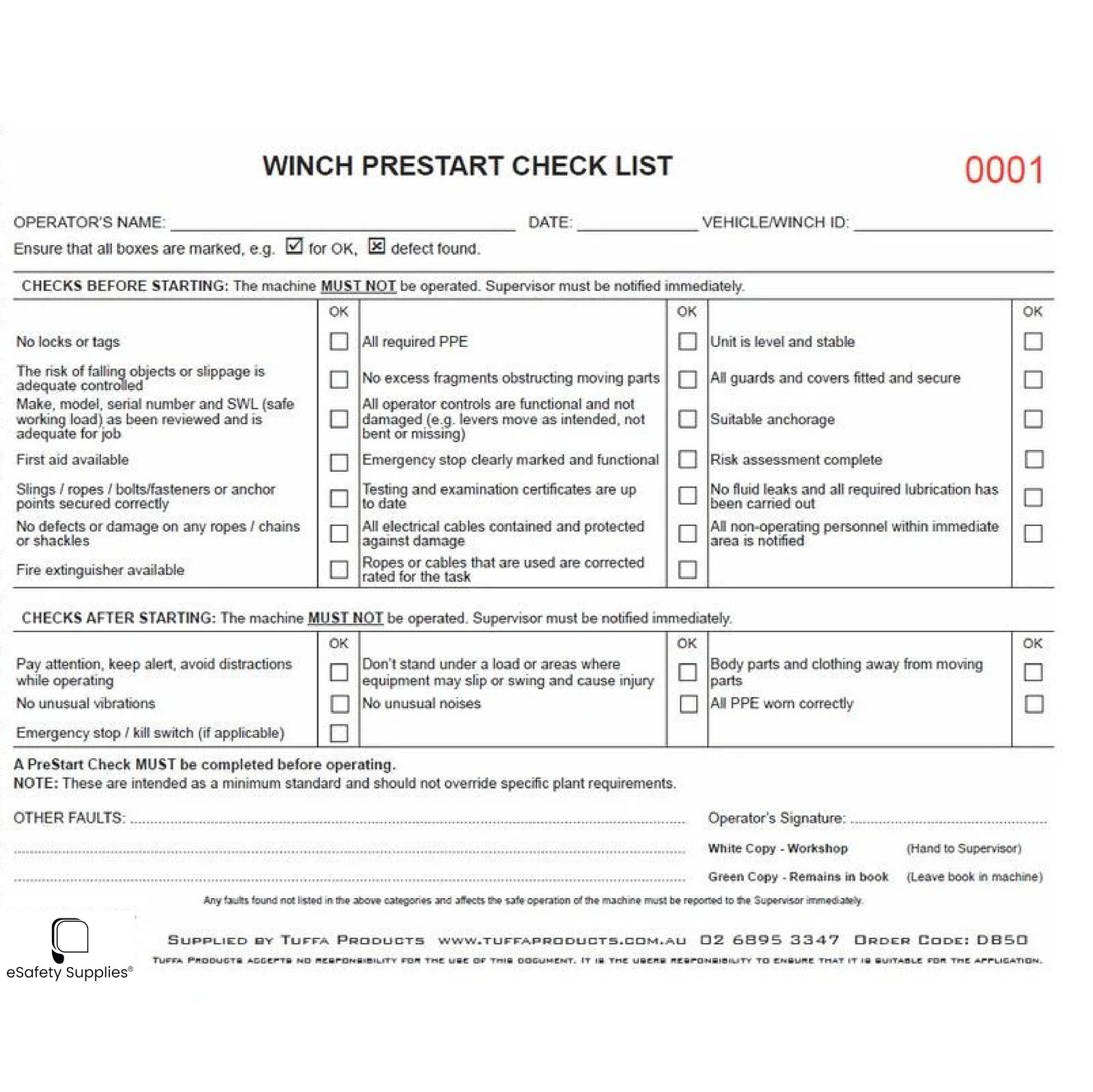 Winch Prestart Checklist Books