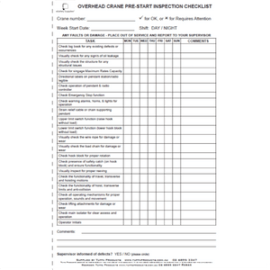 Overhead Crane Prestart Checklist Books - Prestart & Safety Logbooks