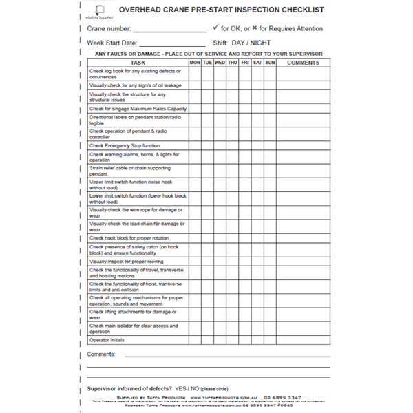 Overhead Crane Prestart Checklist Books