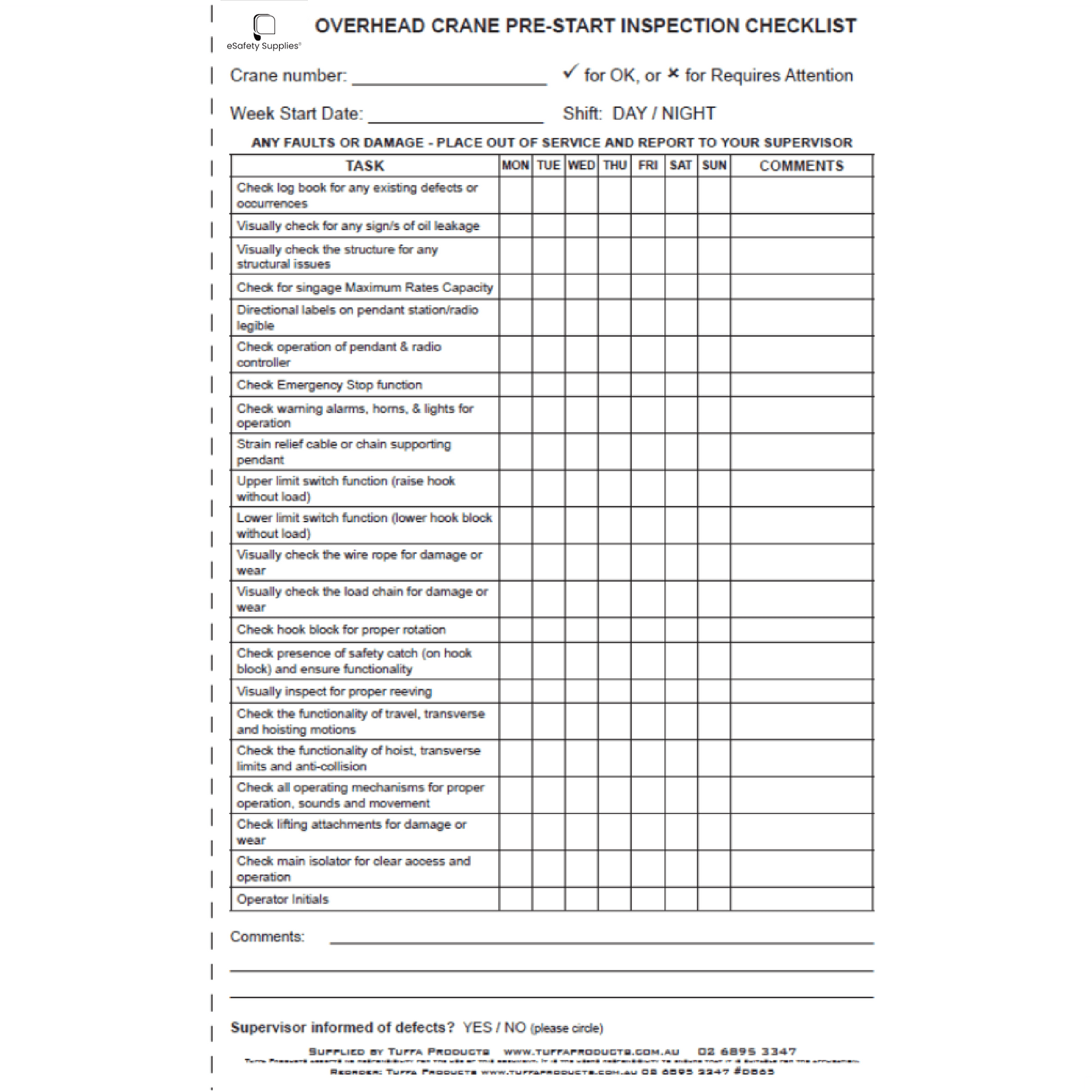 Overhead Crane Prestart Checklist Books