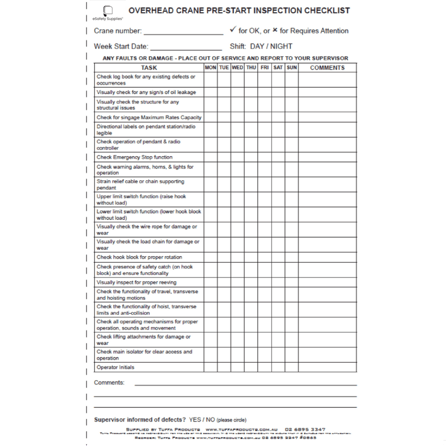 Overhead Crane Prestart Checklist Books