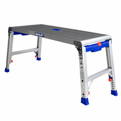 Lightweight silver and blue fold-flat aluminium work platform featuring a spacious deck and built-in side carry handle.