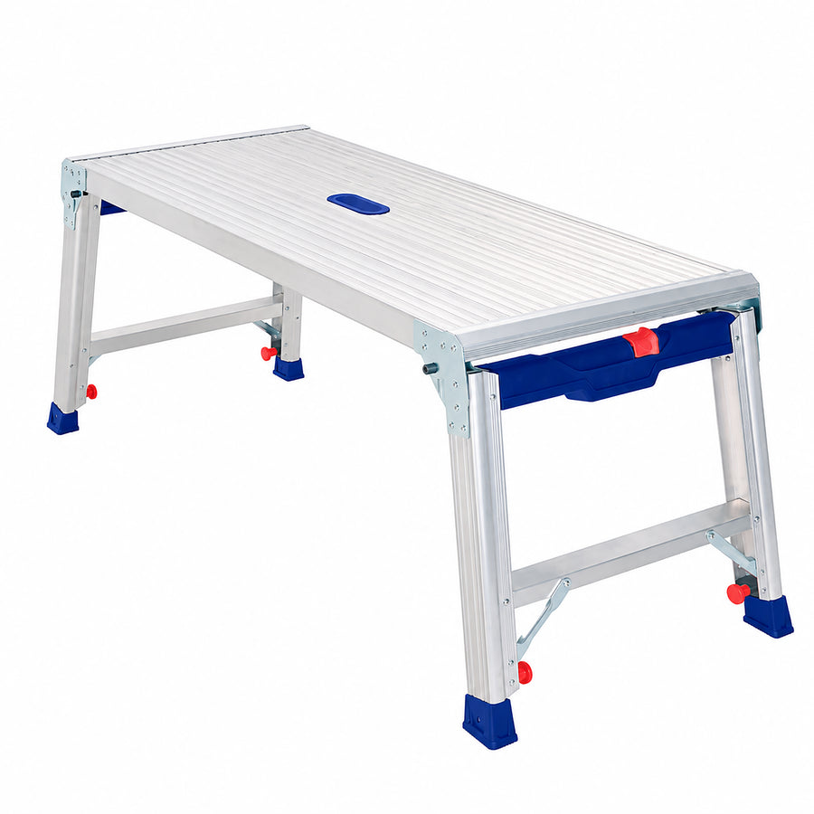 Extruded aluminium work platform with a wide 1175mm x 500mm deck, auto-locking legs, and blue protective end caps.