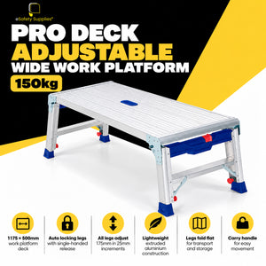 Industrial 150kg load-rated aluminium bench platform showing four height-adjustable legs set between 0.55m and 0.72m.