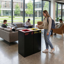 Waste Recycling Station Bin with Red Lid, 52L Matte Black Galvanised Steel General Waste Bin for Offices and Schools