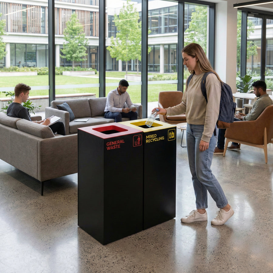 Waste Recycling Station Bin with Red Lid, 52L Matte Black Galvanised Steel General Waste Bin for Offices and Schools