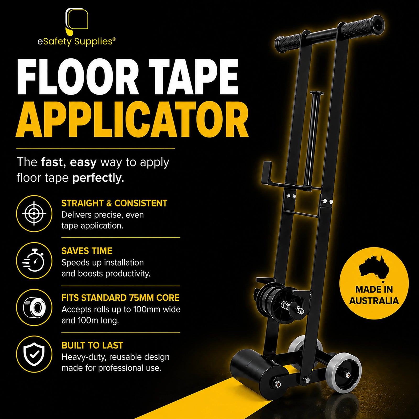 Ergonomic Australian-made floor tape applicator for 75mm core tape rolls.