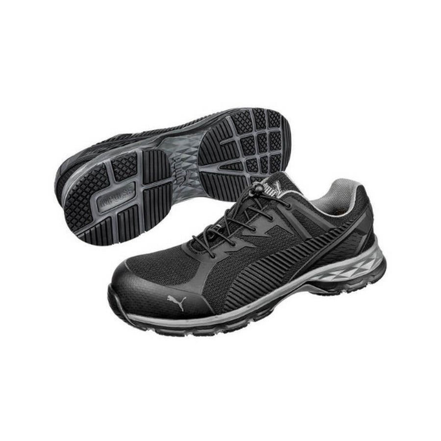A pair of Black Puma Relay Safety Shoe in side and sole view.