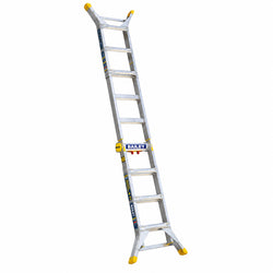 Versatile aluminium multi-position ladder with adjustable height legs, yellow safety accents, and full PVC anti-slip boots.