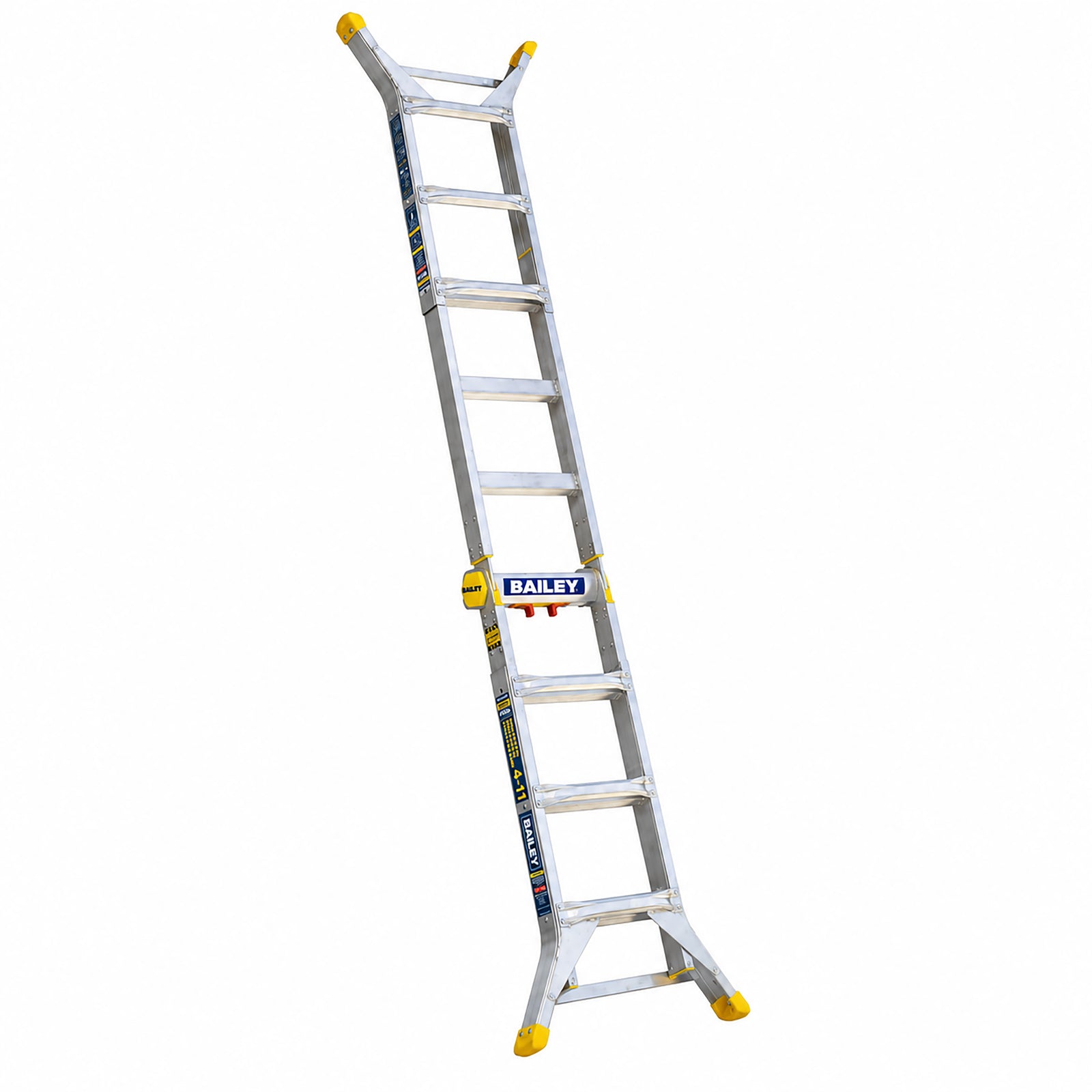 Versatile aluminium multi-position ladder with adjustable height legs, yellow safety accents, and full PVC anti-slip boots.