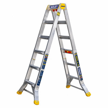 Telescopic aluminium multi-function ladder in silver and yellow with single-handed Quick-Shift locking mechanisms and flared base.
