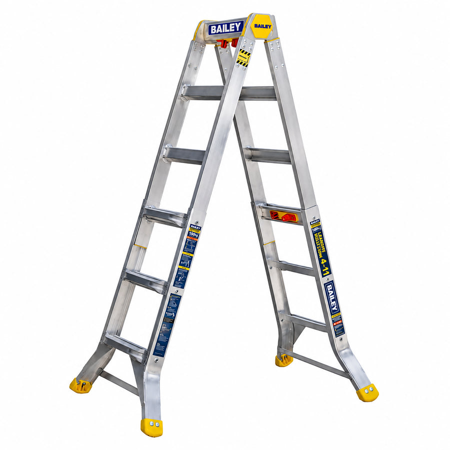 Telescopic aluminium multi-function ladder in silver and yellow with single-handed Quick-Shift locking mechanisms and flared base.