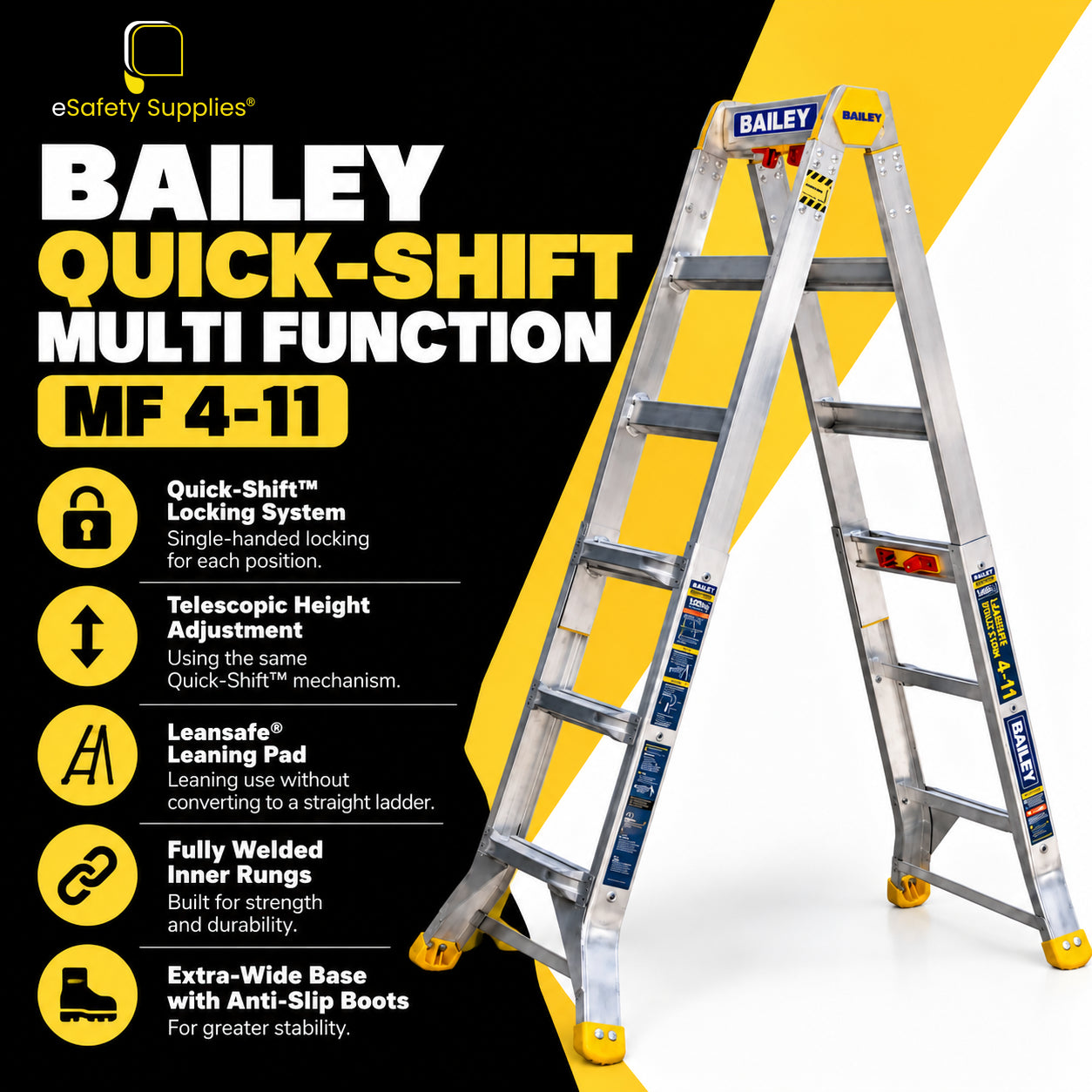 1.8m industrial 150kg load-rated telescopic multi-purpose ladder featuring fully welded inner rungs and a Leansafe top leaning pad.