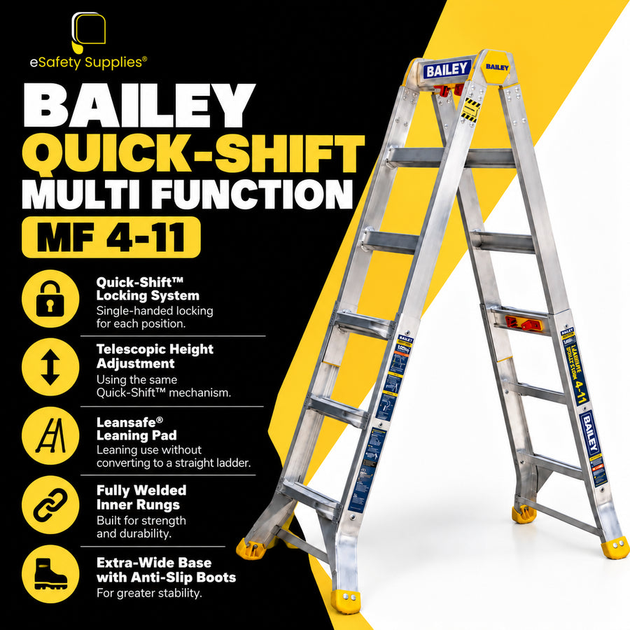1.8m industrial 150kg load-rated telescopic multi-purpose ladder featuring fully welded inner rungs and a Leansafe top leaning pad.