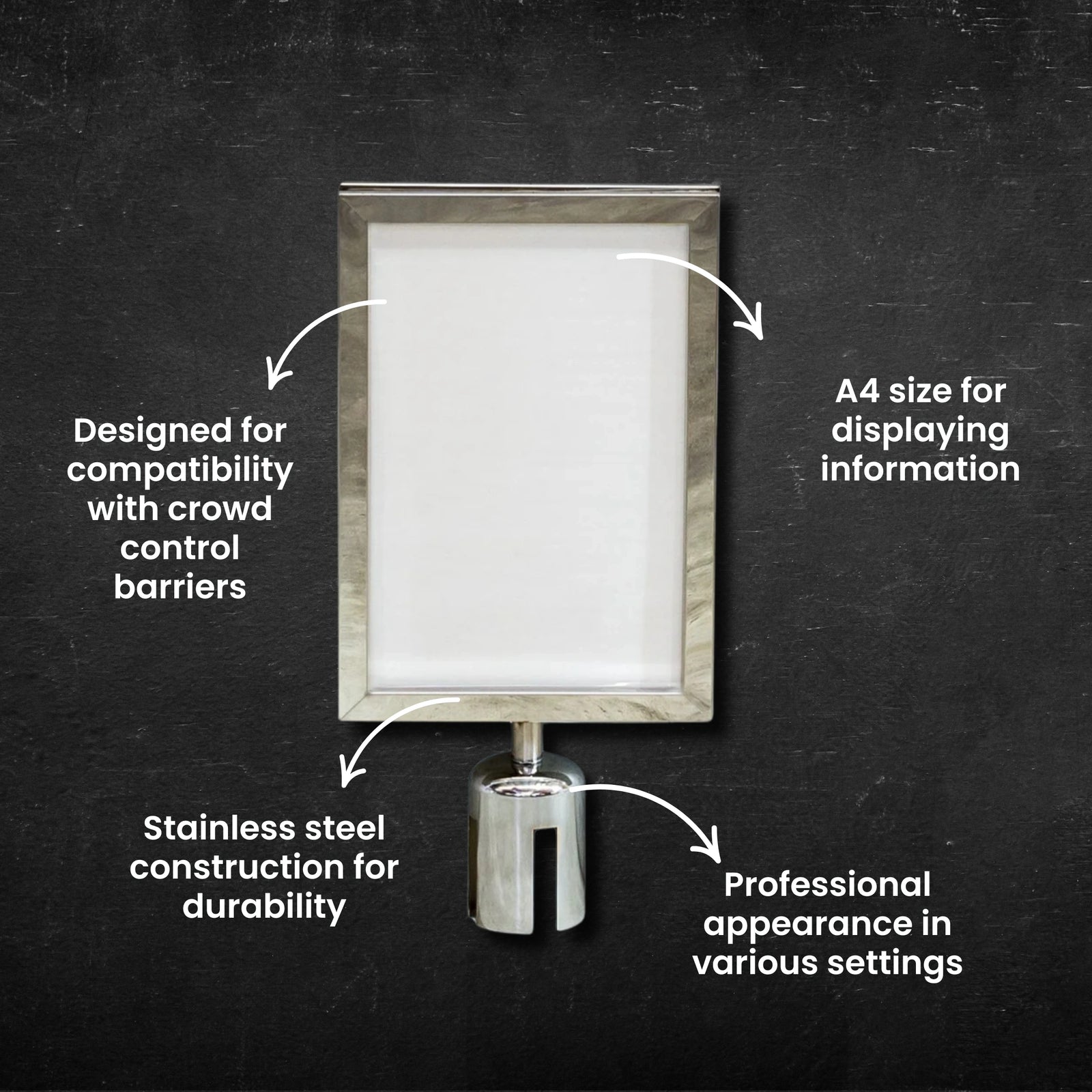 A4 Sign Holder For Crowd Control Barrier - Stainless Steel