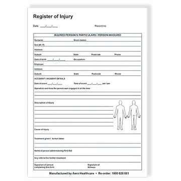 AEROSUPPLIES A5 Register of Injuries Duplicate Pad (25 pages)