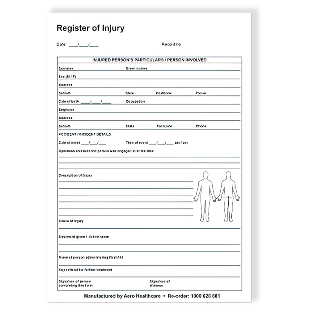 AEROSUPPLIES A5 Register of Injuries Duplicate Pad (25 pages)