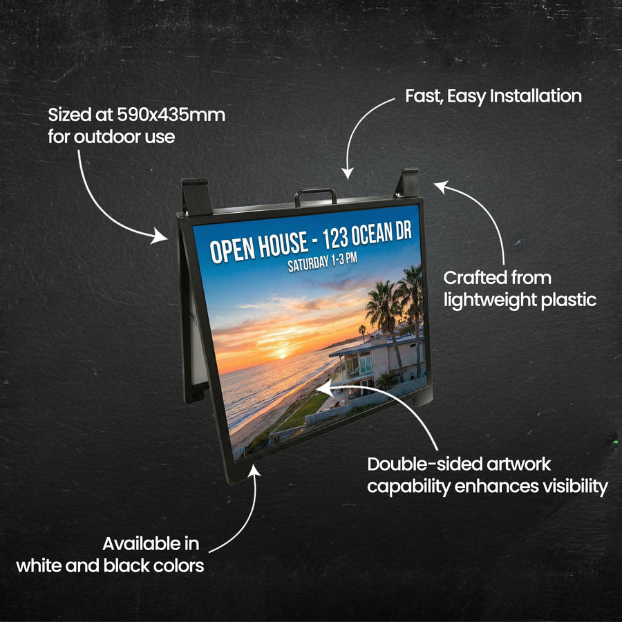 Outdoor sign with beach scene and text on a dark background