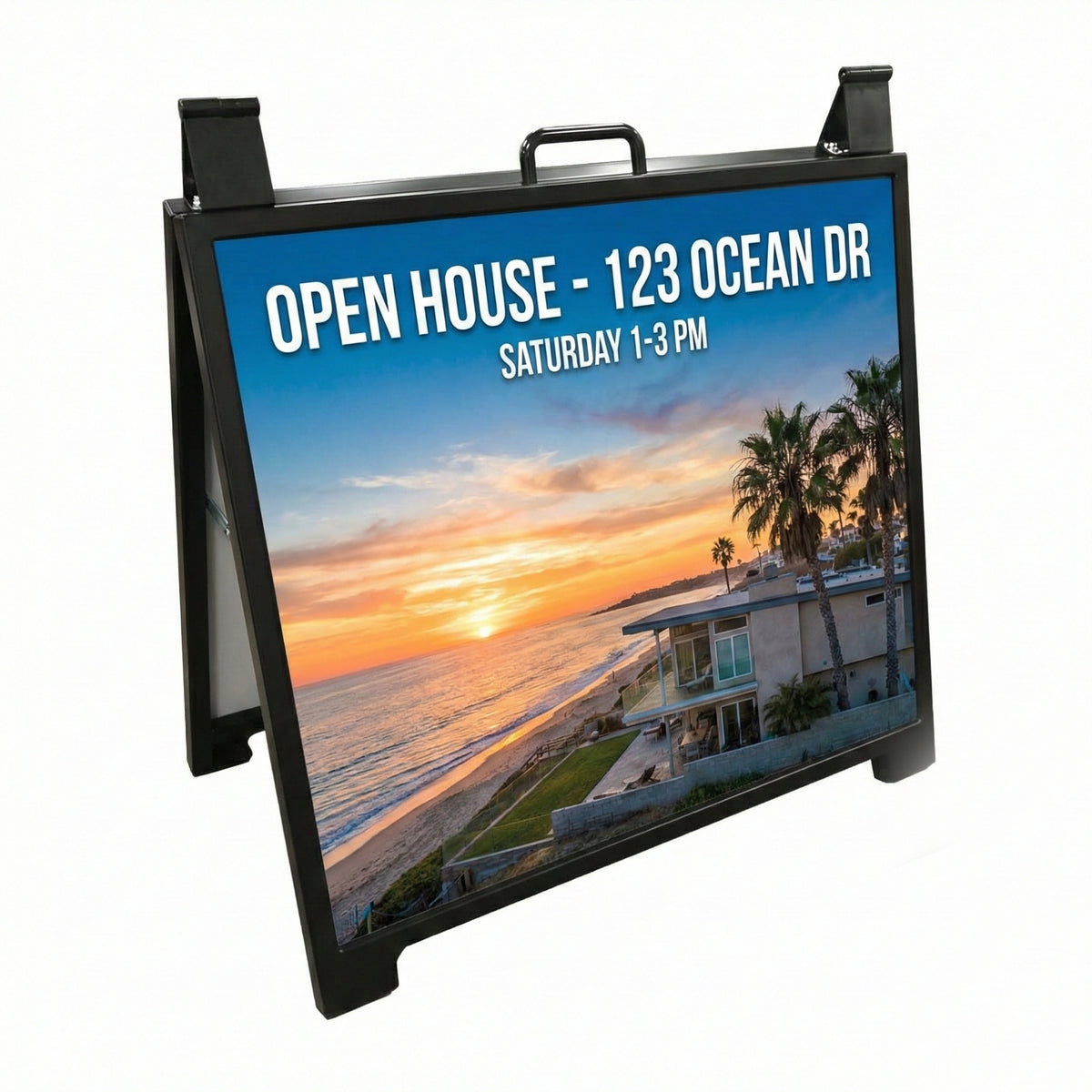 Outdoor sign with open house information and beach scene