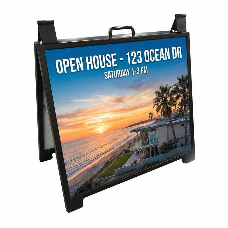 Outdoor sign with open house information and beach scene