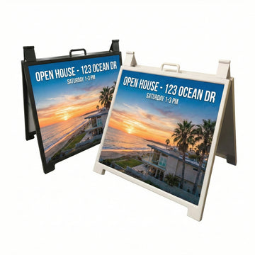 Two open house signs with a beach scene and event details.