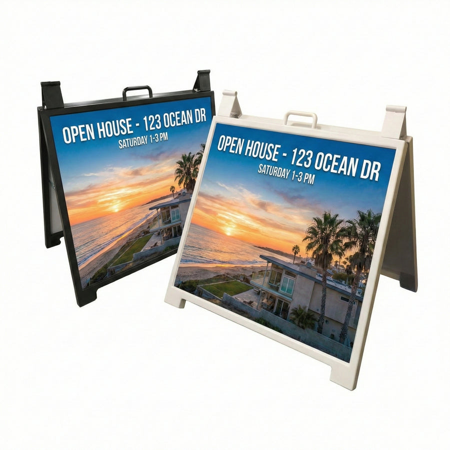 Two open house signs with a beach scene and event details.
