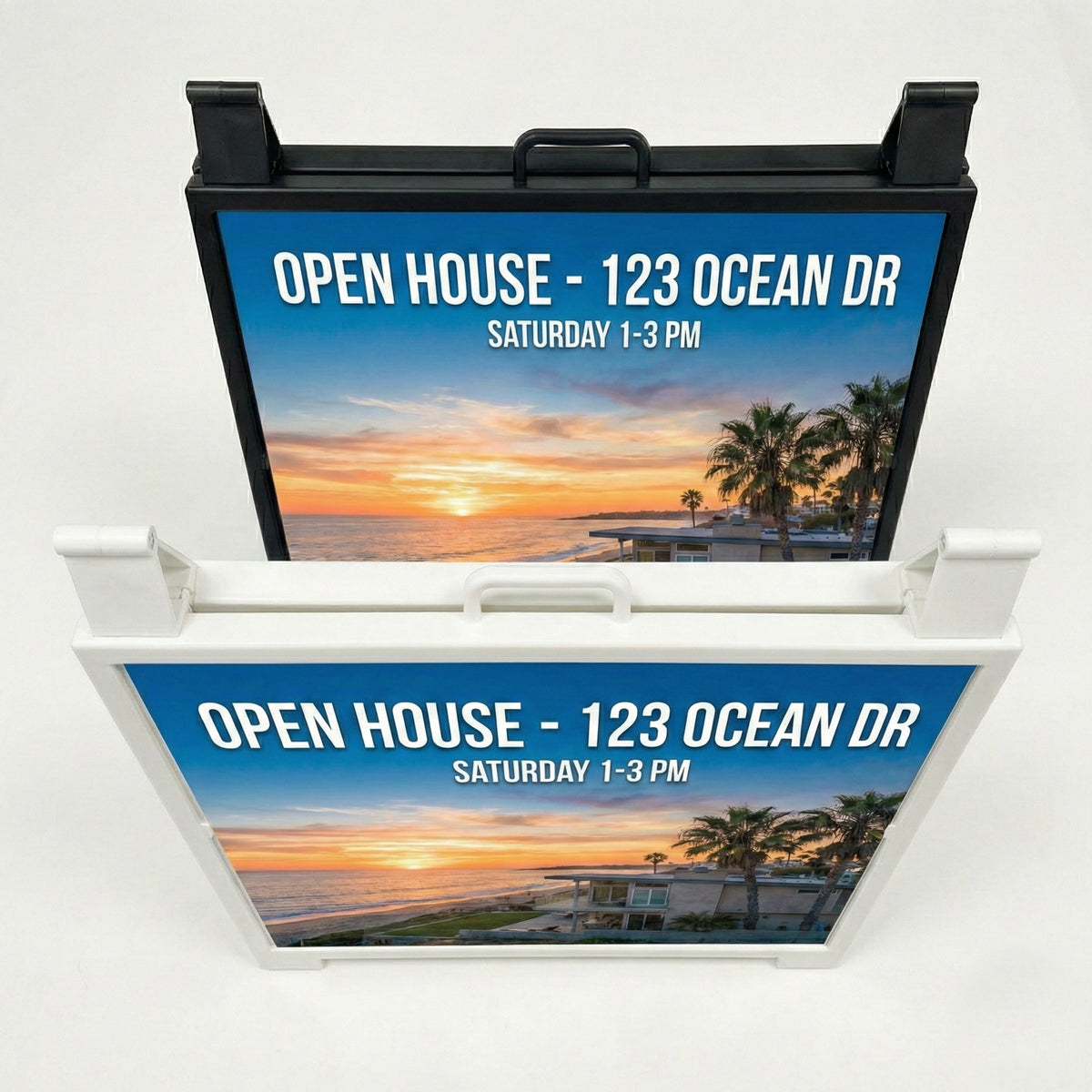 Open house sign with beach scene and details on a white background