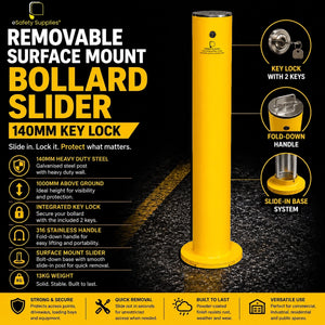 Heavy-duty yellow 140mm x 1000mm removable steel bollard with surface mount base, integrated key lock, and 316 stainless fold-down handle.