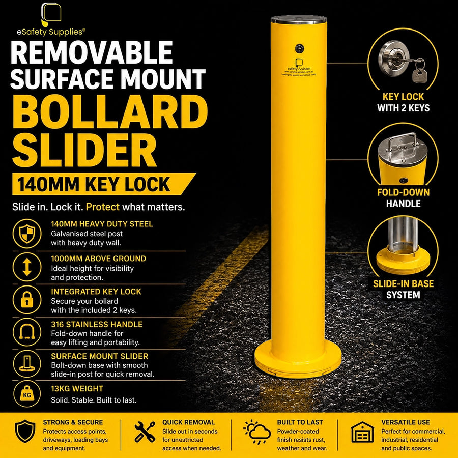 Heavy-duty yellow 140mm x 1000mm removable steel bollard with surface mount base, integrated key lock, and 316 stainless fold-down handle.