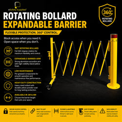 Heavy-duty yellow steel bollard with a 360-degree rotating top mechanism attached to a black and yellow expandable aluminium scissor barrier arm.