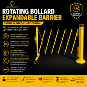 Heavy-duty yellow steel bollard with a 360-degree rotating top mechanism attached to a black and yellow expandable aluminium scissor barrier arm.