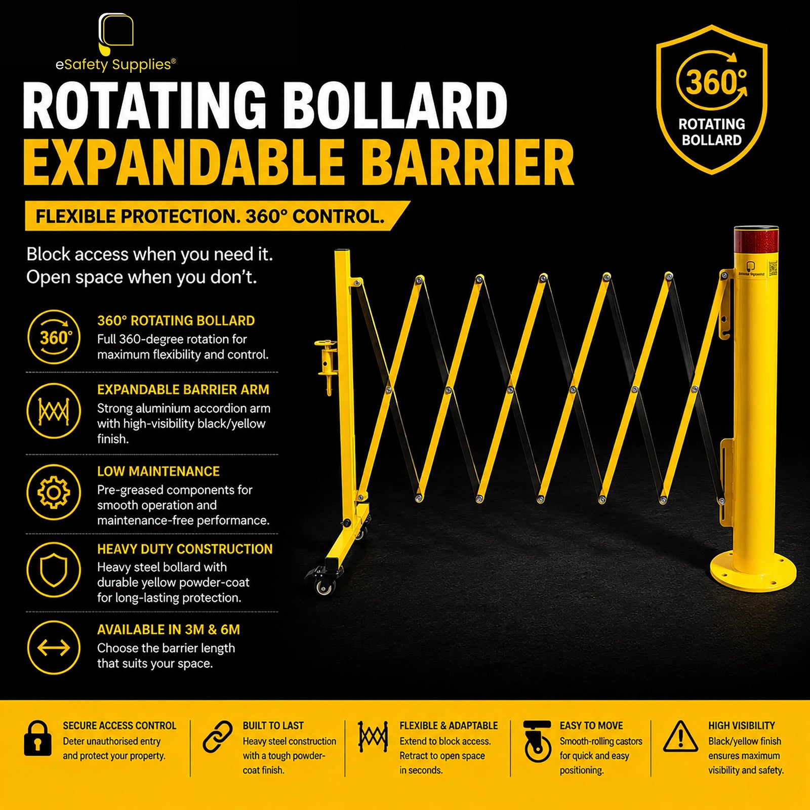 Heavy-duty yellow steel bollard with a 360-degree rotating top mechanism attached to a black and yellow expandable aluminium scissor barrier arm.