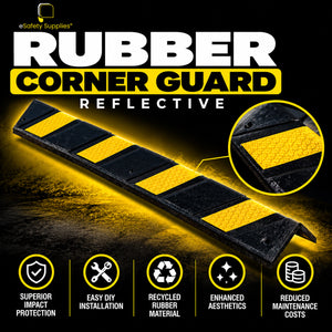 Black recycled rubber corner guard with high-visibility yellow reflective chevrons for wall corner protection.