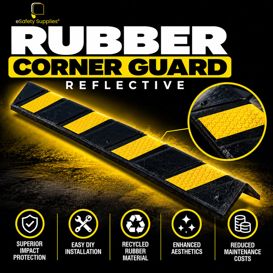 Black recycled rubber corner guard with high-visibility yellow reflective chevrons for wall corner protection.