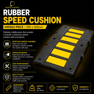 Modular rubber speed cushion middle section measuring 500mm by 900mm with six fixing holes, designed to let emergency vehicles straddle the ramp.