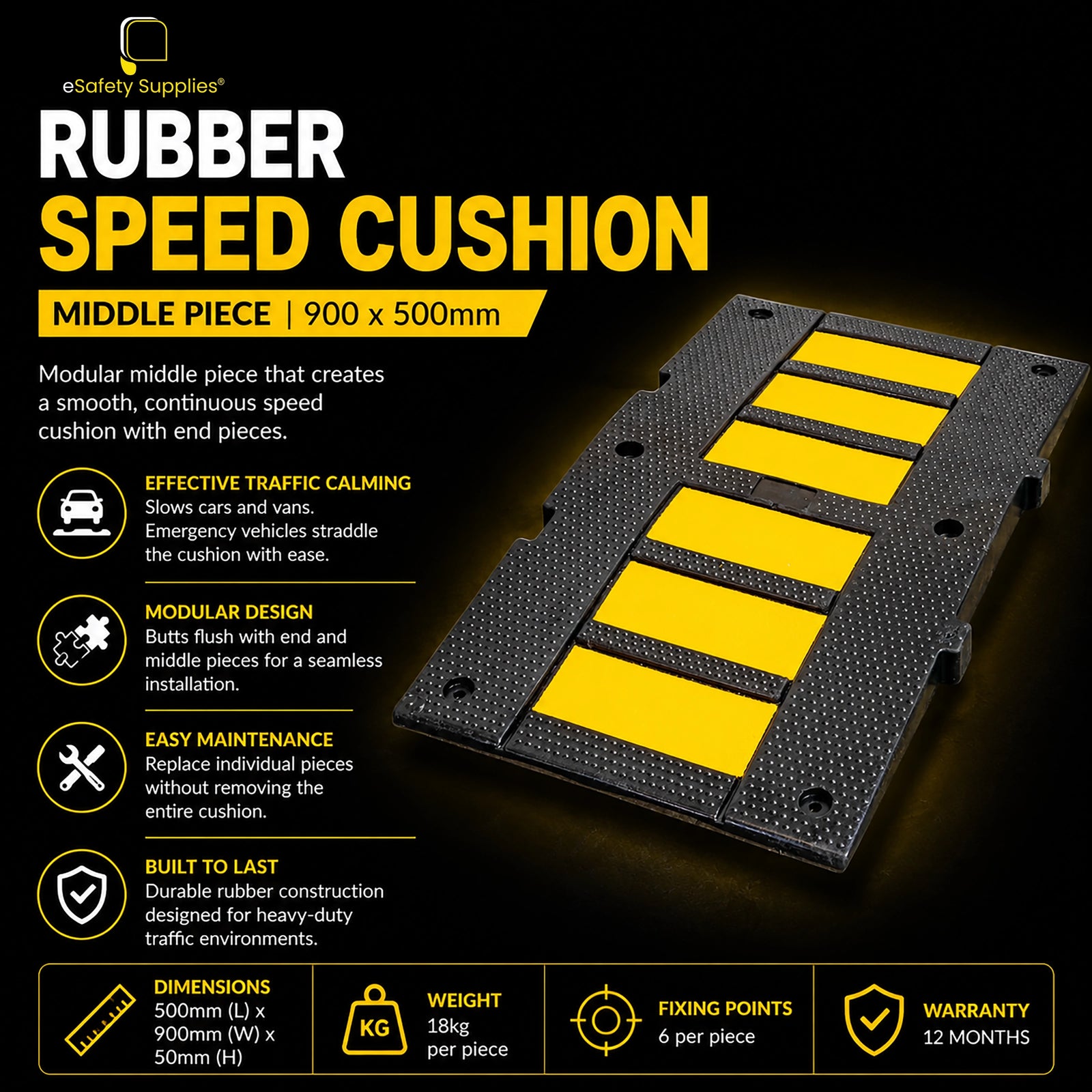 Modular rubber speed cushion middle section measuring 500mm by 900mm with six fixing holes, designed to let emergency vehicles straddle the ramp.